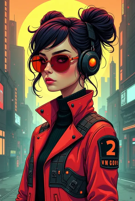 A captivating retro-futuristic poster featuring a bold and stylish retropunk girl, brilliantly designed by the talented trio of Rebecca Sugar, Charles Burns, and Dan McPharlin. The girl dons a vibrant red and sky sexy thight short black outfit, adorned wit...