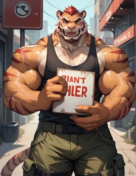 huge muscular tiger, cargo short, tank top, part, holding sign with text "thanks 300 follower", look at viewer, scar over eyes