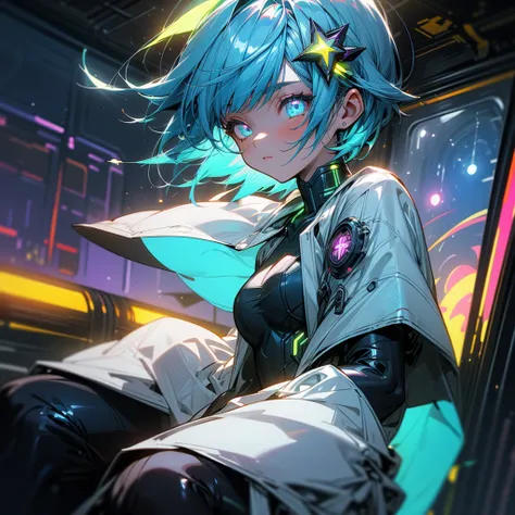 masterpiece, best quality,glowing, (glow:1.6),, (liquid:0.7), animevibes, 1 girl sitting on a subway train,colorful,shiny, shiny hair, shiny skin, Cyberpunk clothes,black and white clothes, blue hair with yellow strokes,(blue hair: 0.9) from side,highly di...