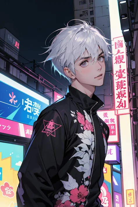 (absurdres, highres, ultra detailed, anime style), 1boy, adult, handsome, tall muscular guy, broad shoulders, finely detailed eyes and face, silver hair, short hair, hair between eyes, dark brown eyes, holographic, triad guy, white tank top, portrait, inte...