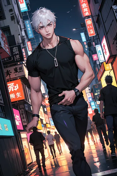 (absurdres, highres, ultra detailed, anime style), 1boy, adult, handsome, tall muscular guy, broad shoulders, finely detailed eyes and face, silver hair, short hair, hair between eyes, dark brown eyes, holographic, triad guy, white tank top, portrait, inte...