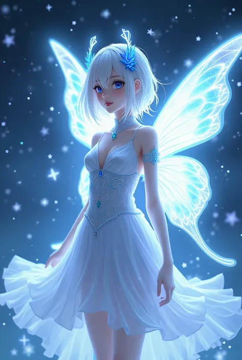 platinum white hair girl with blue eyes with two pairs of  transparent butterfly wings in a white and blue magical girl outfit in a starry background 