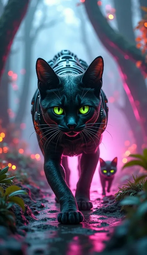 Huge cat With Human-Figure, A sleek, futuristic cat with robotic armor and glowing green eyes cautiously walks through a neon-lit, metallic forest, with towering trees and glowing vines. A young kitten follows behind.
