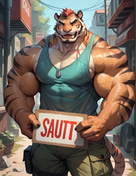 huge muscular tiger, cargo short, tank top, part, holding big sign, look at viewer, scar over eyes