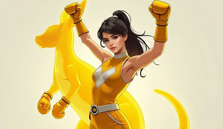 white skin  19 year-old girl wearing sleeveless yellow power Ranger costume raising her arms up  a yellow kangaroo hologram behind her, looking to the viewer, wearing yellow boxing gloves portrait 