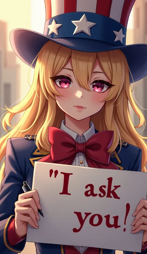 Young and beautiful woman,(Best Quality,Extremely detailed depiction,Incredible high resolution,Anatomically accurate depiction),Holding a poster of a woman dressed as Uncle Sam writing a document,article:I ask you.S. military,blonde,american poster,anime,