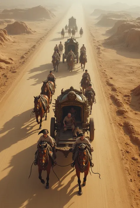 There are two chariots drawn by six horses.  These chariots go left and right.  In front of them is a chariot pulled by eight horses.  The road is deserted.