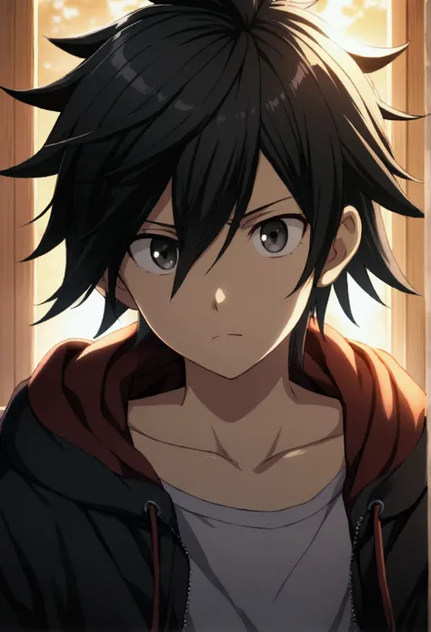 1boy,  black hair, straight spiky hair, hair between eyes, black eyes, teenage, CG