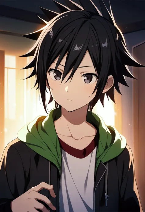 1boy,  black hair, straight spiky hair, hair between eyes, black eyes, teenage, CG