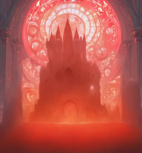 a cathedral in a red-lit background, intricate gothic architecture, round stained glass window, ornate vaulted ceilings,, glowing candlelight, spiritual atmosphere, dramatic lighting, ornate decorative elements, high ceilings, stone walls, detailed texture...