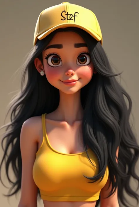 Woman with long black hair,wearing a cap that says Stef, wearing a yellow crop top, not smiling disney pixar style photo, 3d, realisitic, Disney Pixar cartoon