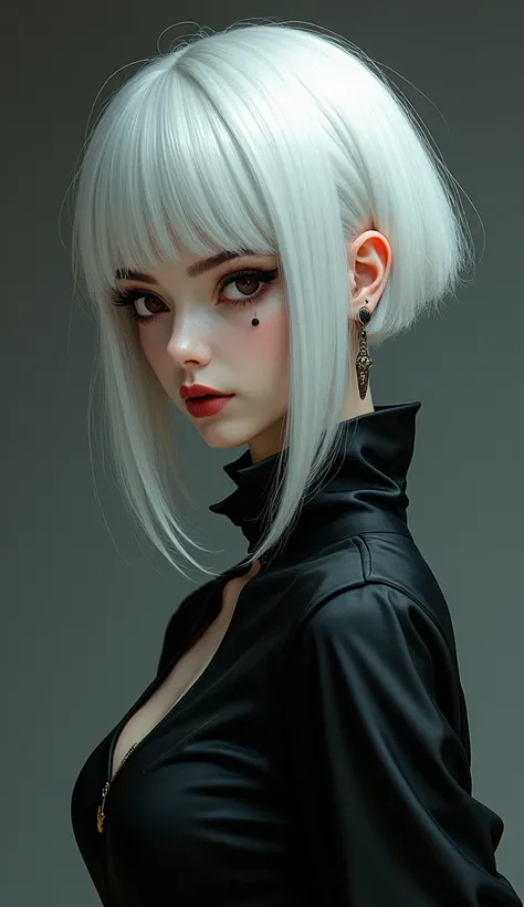 realistic, anime, american comic style, young woman, sharp facial features, white hair cut in a crew cut except for long bangs that cover half of the face, strong dark makeup, piercing on the ear, elegant clothing, quiet but striking face and personality, ...