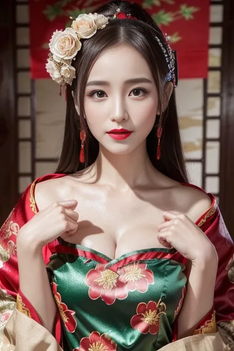 1girl,bush,fashi-girl,china dress,chinese clothes,hair flower,(masterpiece:1.4),(best quality:1.4),(shiny skin),red lips,looking at viewer,big breasts,cleft lip