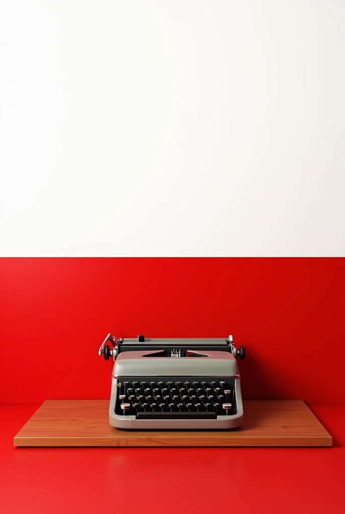 The background of the upper part is white and the lower part is red on the red background of a table and a typewriter 