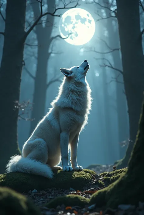 Ninetaled wolf howling in forest and looking at the moon