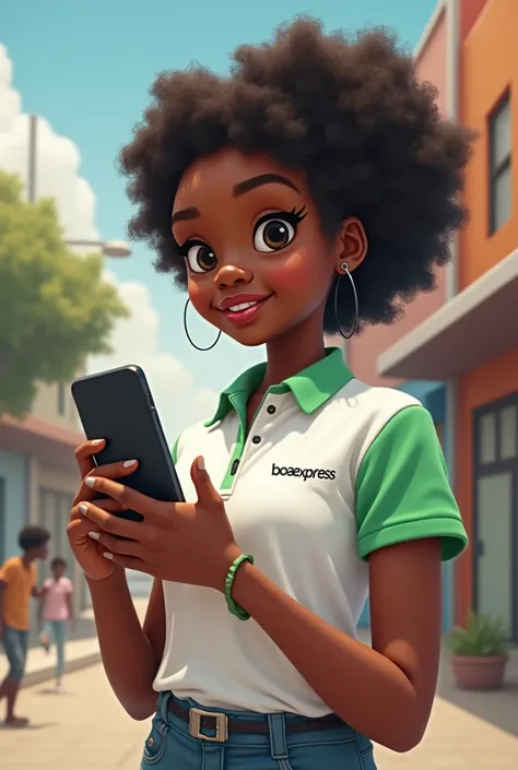 An African girl dressed in a white polo shirt with green sleeves holding her smartphone in her right hand. sur sa poitrine est écrit "BOAExpress"