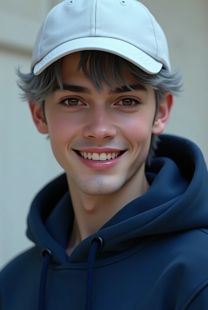 AI guy, Cutie, attracted eye, kissable lips, killer smile, gray hair, blue dark hoodie, white cap