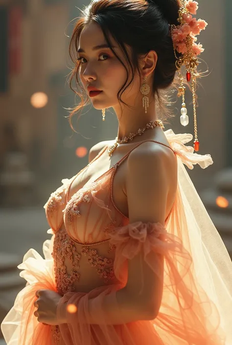 A very beautiful girl，Wrapped in transparent tulle,Large Breasts, Realistically，Wearing a transparent jewelry costume，Inspired by the Ming Dynasty of China，the girl wears，Reflecting the fusion of ancient culture and modern fashion. 