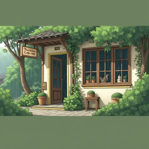 line-art painting of an coffee shop surrounded by green with the sign say "Bikachu Cafe", light rain outside, detailed texture