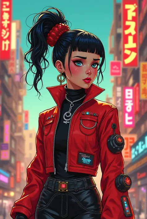 A captivating retro-futuristic poster featuring a bold and stylish retropunk girl, brilliantly designed by the talented trio of Rebecca Sugar, Charles Burns, and Dan McPharlin. The girl dons a vibrant red and sky black outfit, wide outfit, adorned with int...