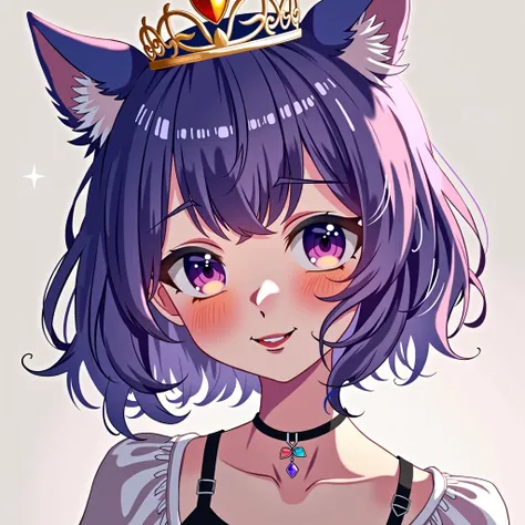 One girl, smile, Wolf cut bangs, Purple Hair, chest, Bright Eyes, Droopy eyes, Light blush, A seductive smile, Round eyes, Nikon, Illustration effect for posters and magazines, crown, Sparkle Effect, Illustration, 