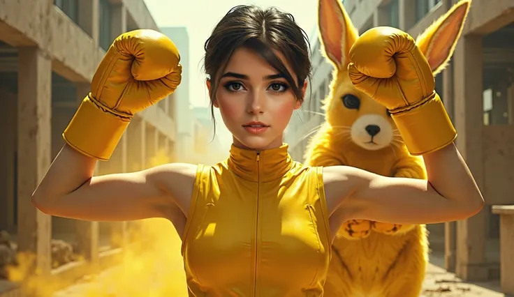 Realistic white skin  19 year-old girl wearing sleeveless yellow power Ranger costume raising her arms up  a yellow kangaroo hologram behind her, looking to the viewer, wearing yellow boxing gloves, portrait 