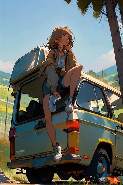 A girl sitting on top of a van, early morning light, surrounded by open fields, the van is slightly weathered, the person is wearing casual outdoor clothing, legs dangling off the edge, clear blue sky with a few clouds, distant mountain range in the backgr...