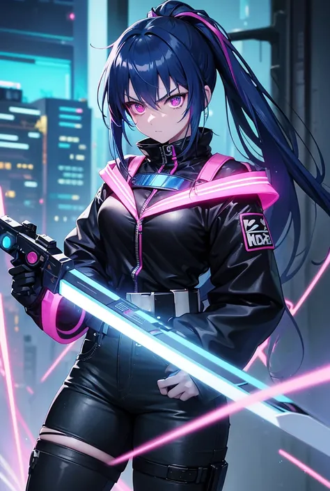 Anime Techno cyberpunk girl, wearing blue goggles 🥽 , Blue hair, pony tail, wearing opened pink black jacket on Black coloured metallic armour with neon green, holding long lazer sword 🗡️, wearing jeans pant, a binocular attached with waist belt, white glo...