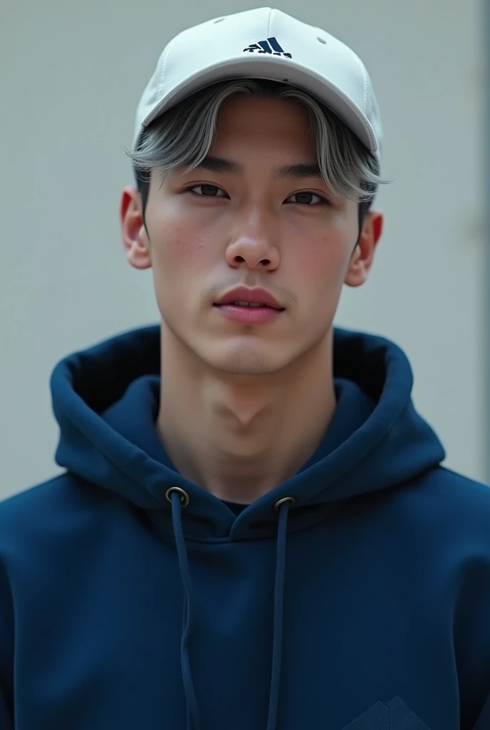 AI guy, Cutie, attracted eye, kissable lips, killer smile, gray hair, blue dark hoodie, white cap