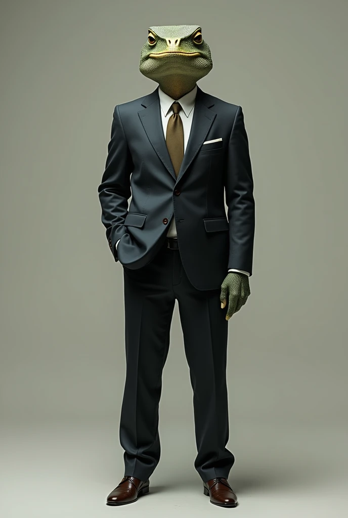 make a human in a suit with a lizard head