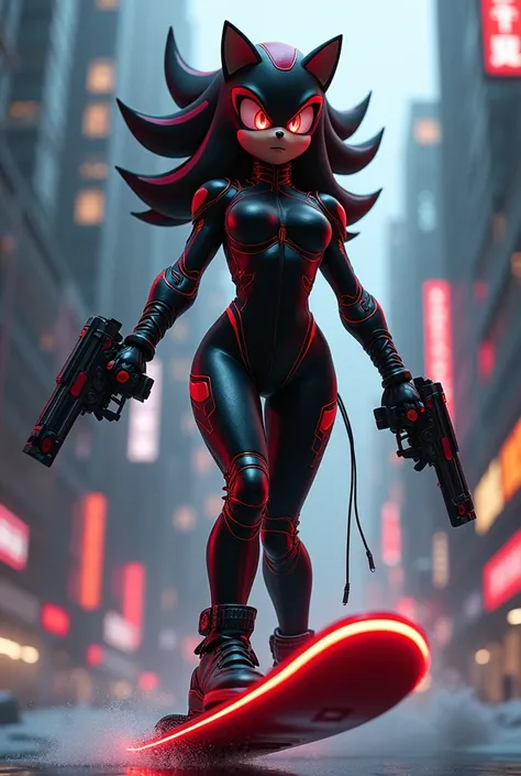 Voluptuous female Shadow the Hedgehog wearing black and glowing red bodysuit wielding guns riding floating snowboard in futuristic city