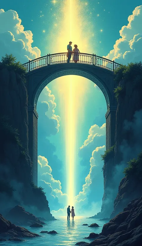 A bridge illuminated by heavenly light connecting two people who are separated by distance or obstacles. The light that illuminates the bridge represents divine love, showing that, even in the face of challenges, love can unite people through God&#39;s act...