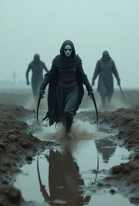 Medieval Fantasy Ante. A Drow carrying two daggers, running away from two men made of mud, in an open plain covered by puddles of mud