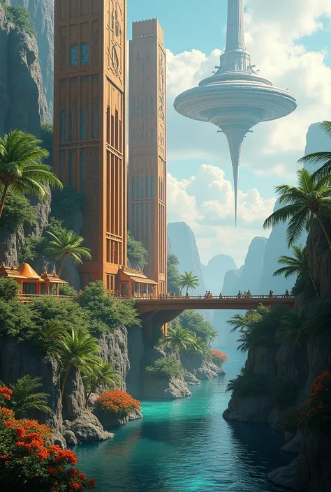 Imagining Alien Worlds, tropical island, high wooden towers, temple in the middle of the island, river and a bridge, floating sky city in the distance
