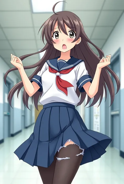 Anime school girl ripped her blue skirt with holes