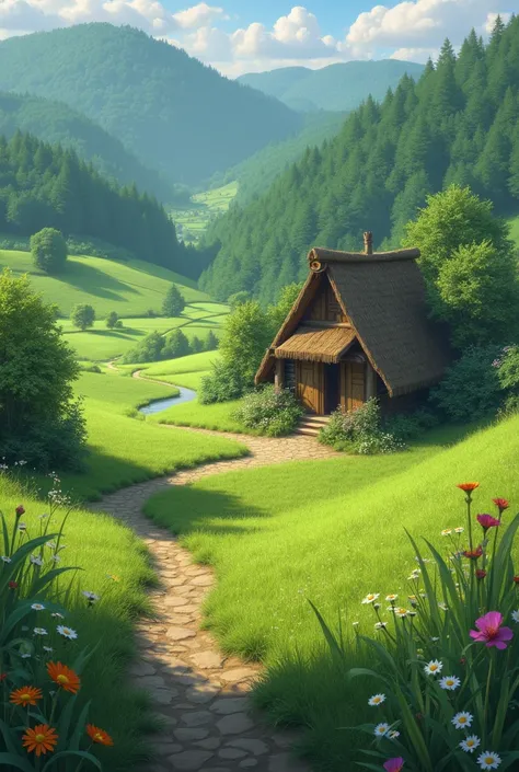 1. **Scene of the Village**: A serene village setting with lush green fields, a small hut, and a winding path leading into the forest.

