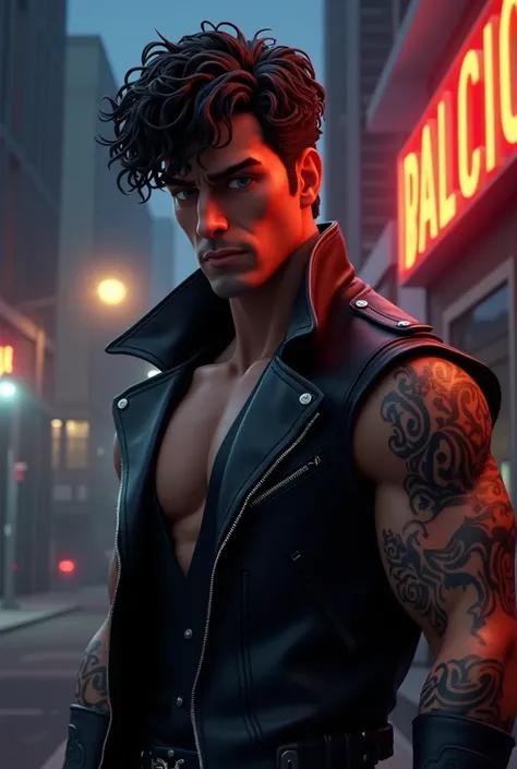 Create an animated 3D illustration of a curly-haired guy dressed in a cool tattooed leather mafia outfit.