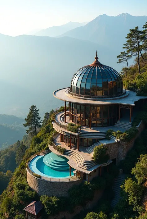 Make a hotel  nepal hill side on top nagarkot with dome shape with glass  and mixer of traditional and modern  with swimming pool in Kathmandu hill in the background with mountain range of Himalayas. shot from top