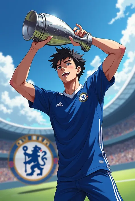 (Adult Tsubasa Ozora, handsome boy, Korean perm, anime style, playing soccer, Chelsea, championship, detailed portrait, beautiful eyes, dynamic pose, fluid motion, action scene, bright lighting, vibrant colors, photorealistic, 8k, highly detailed) And Hold...