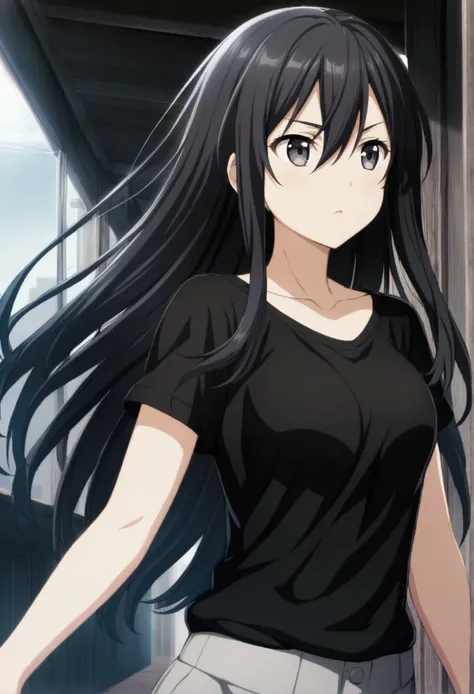 1girl,  black hair, long hair, hair between eyes, black eyes, young adult, CG