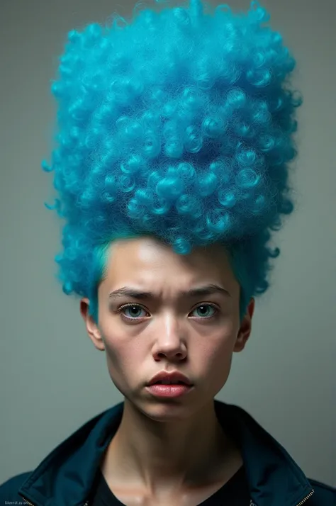 Image of a person with their hair styled upright,  in a cylinder shape. The hair  color is neon blue and appears to be held in place by a hair product, giving it a fluffy texture. The background is nondescript, and the persons face is looking at the viewer...