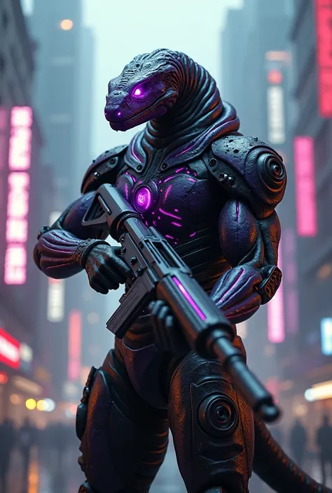 Sci-fi movie screenshot from Full body side view, cyberpunk snake with design like kamen raider, purple and black, with futuristic armor design. battle-worn. Holding a large, futuristic rifle in his hand. Cinematic Lighting, gothic city background, SCI-FI,...