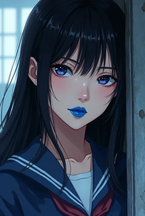 (Best Quality)), ((masterpiece)), (detailed), One girl,Black Gal、beautiful、Japanese high school girl,Blue Lips,Thick lips,Looking into the camera,2,Long Hair,live-action