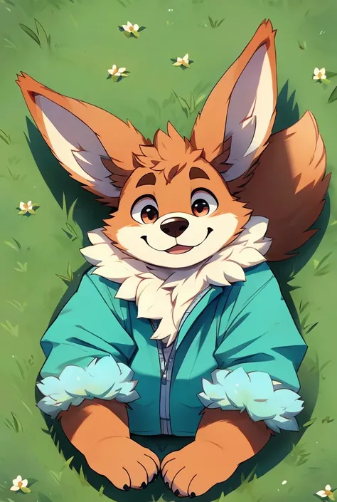 A red male Furry who has a very fluffy tail and with kinda big ears and a big fluff on his forehead and smiling and is wearing a cyan jacket and he is laying on the ground and is very very fat and hes showing one of his Chunky paw