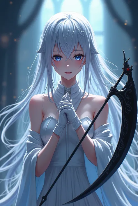 Silver long hair anime girl，White Gloves，giant scythe，anime style