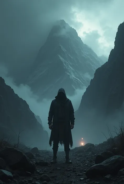 Generate image man standing in dark mountain surrounded with horrible scene 