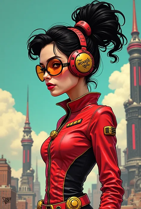 A captivating retro-futuristic poster featuring a bold and stylish retropunk girl, brilliantly designed by the talented trio of Rebecca Sugar, Charles Burns, and Dan McPharlin. The  girl, dons a vibrant red and sky black outfit, wide outfit, adorned with i...