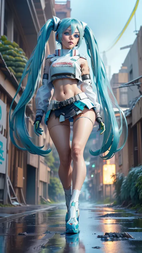 (La mejor calidad,A high resolution,Ultra - detailed,actual), Miku Hatsune, ,(Ruined alley Tokyo cyberpunk dungeon ruins background :1.4 ), Big breasts, dynamic pose , (green hair twin tails) ,(white short miniskirt:1.4), very long hair) , Put your arms be...