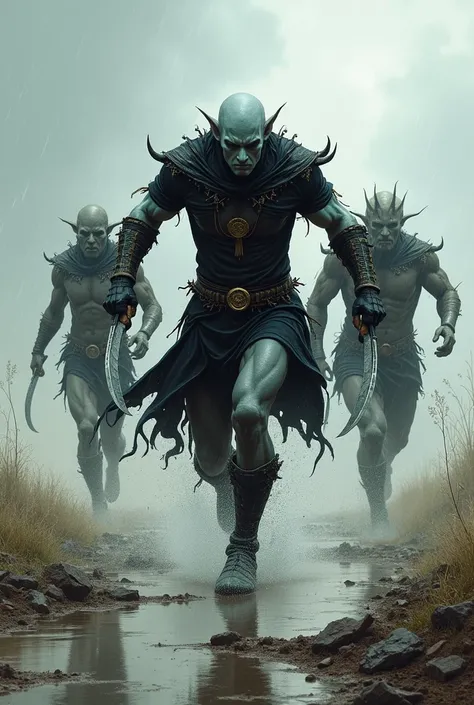 medieval fantasy art, style used in comics. A male Drow, carrying two daggers, running from two men made of mud who throw trash at the drow, in an open plain partially wet from rain