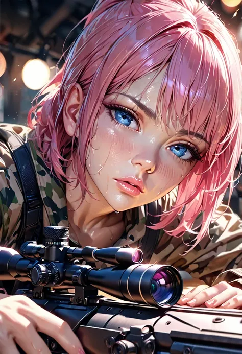 1girl, beautiful detailed face, beautiful detailed eyes, beautiful detailed lips, long eyelashes, pink hair, bob haircut, ponytail, blue eyes, sweat, sniper rifle, prone position, looking through scope, sheer camouflage outfit, tense expression, dramatic a...